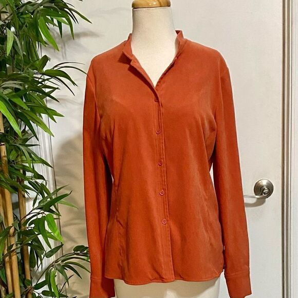 Harve Benard by Benard Holtzman Blouse Medium Burnt Orange Tailored Button Front - Picture 11 of 12